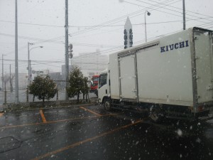 北海道、市場に春の吹雪